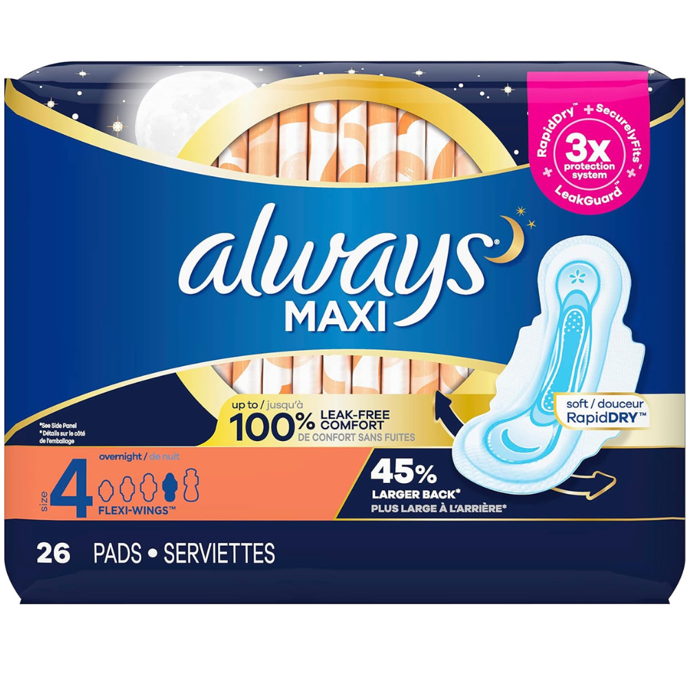 Always maxi overnight pads , size 4 flexi-wings menstrual pads with a 45% larger back for leakproof periods. 