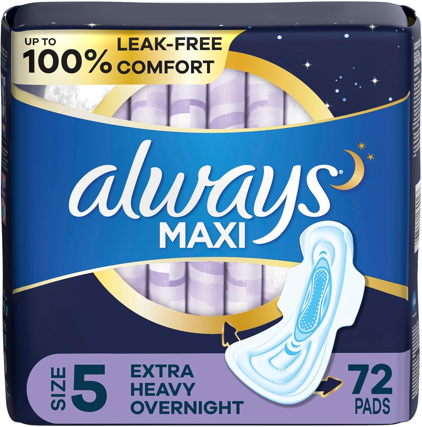 Always maxi sanitary pads -  Extra Heavy Overnight, Size 5 (72 Count), women sanitary pads for extra heavy overnight protection and 100% leak-free comfort. 