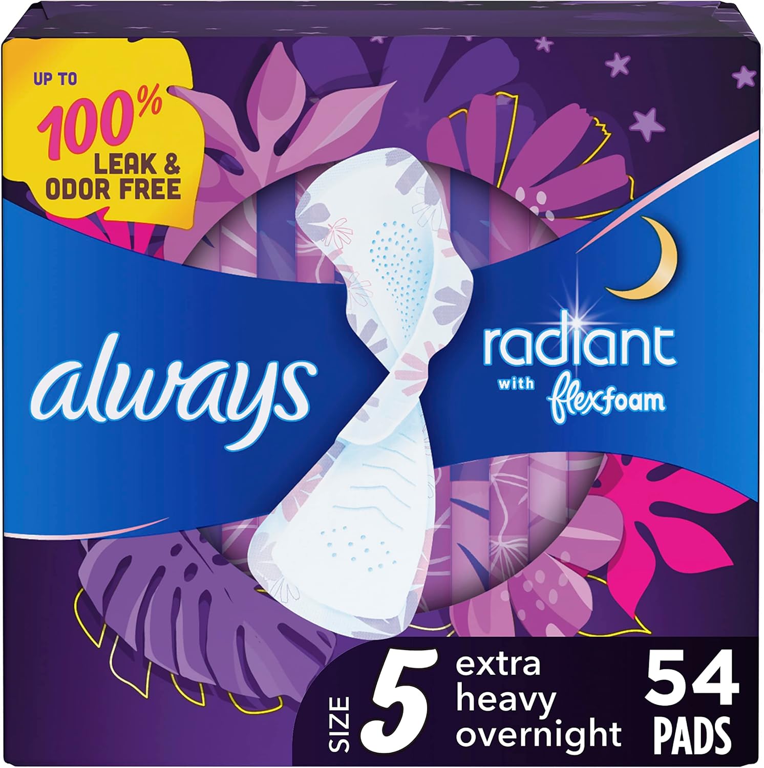 Always Radiant FlexFoam Pads, Extra Heavy Overnight, Size 5 (54 Count), sanitary pads for 100% leak & odor free protection. 