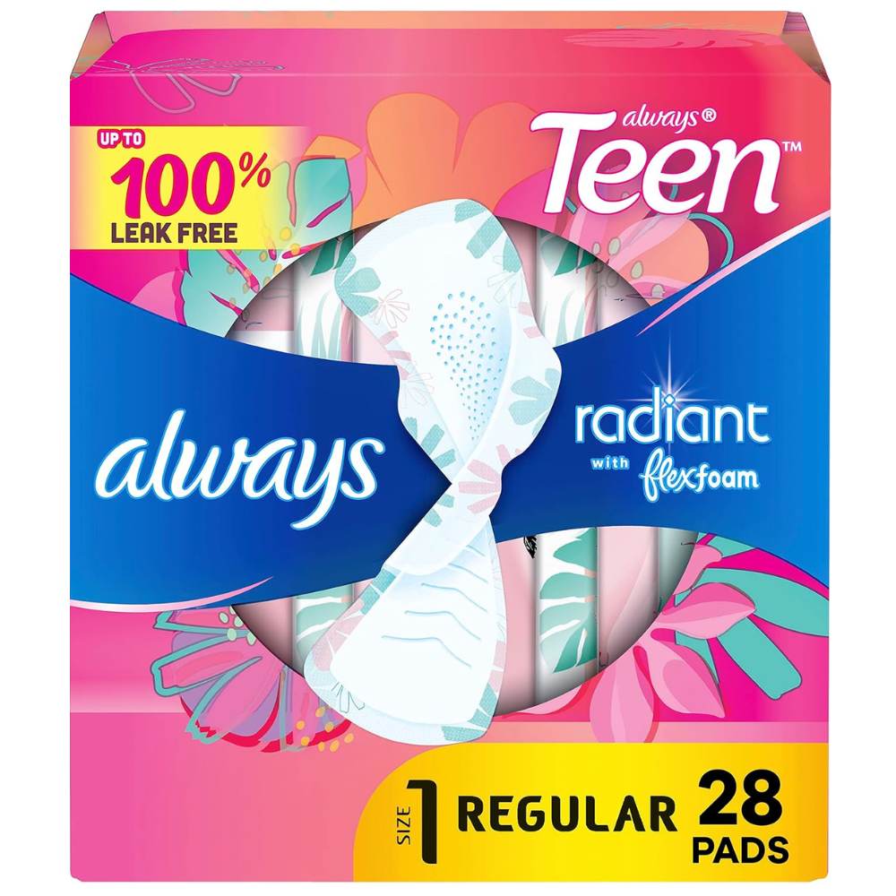 Always teen radiant Flexfoam pads with wings, size 1 regular (28 count) with up to 100% leak free protection. 