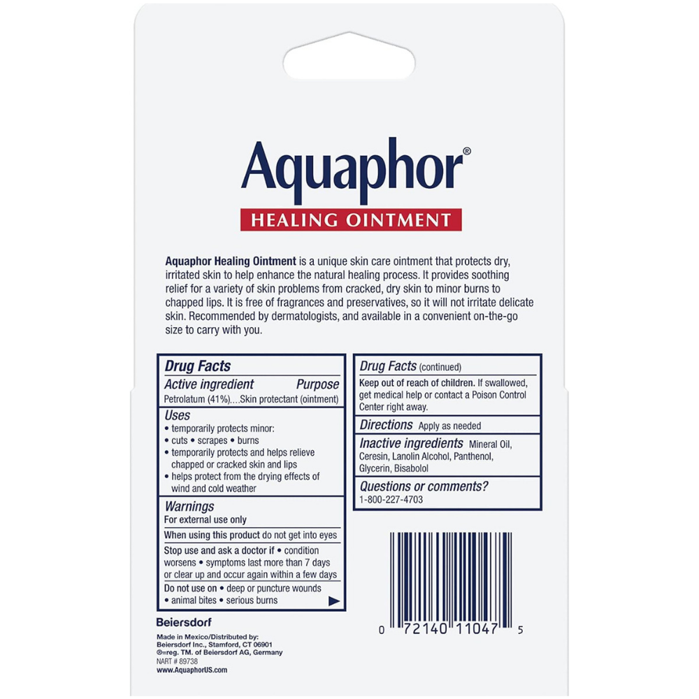 Aquaphor healing hintment packaging with text and label details for skin protectant purposes. 