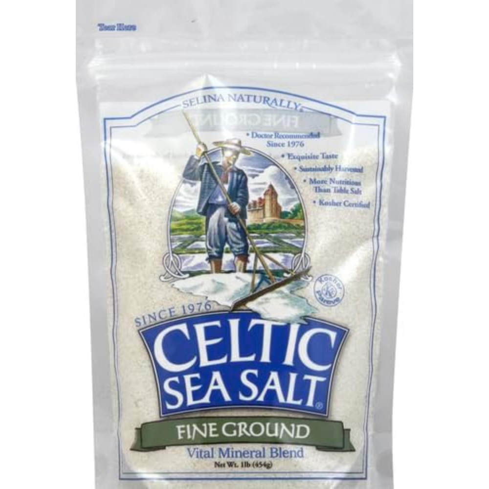Package of Celtic Sea Salt , fine ground vital mineral blend - kosher salt. 