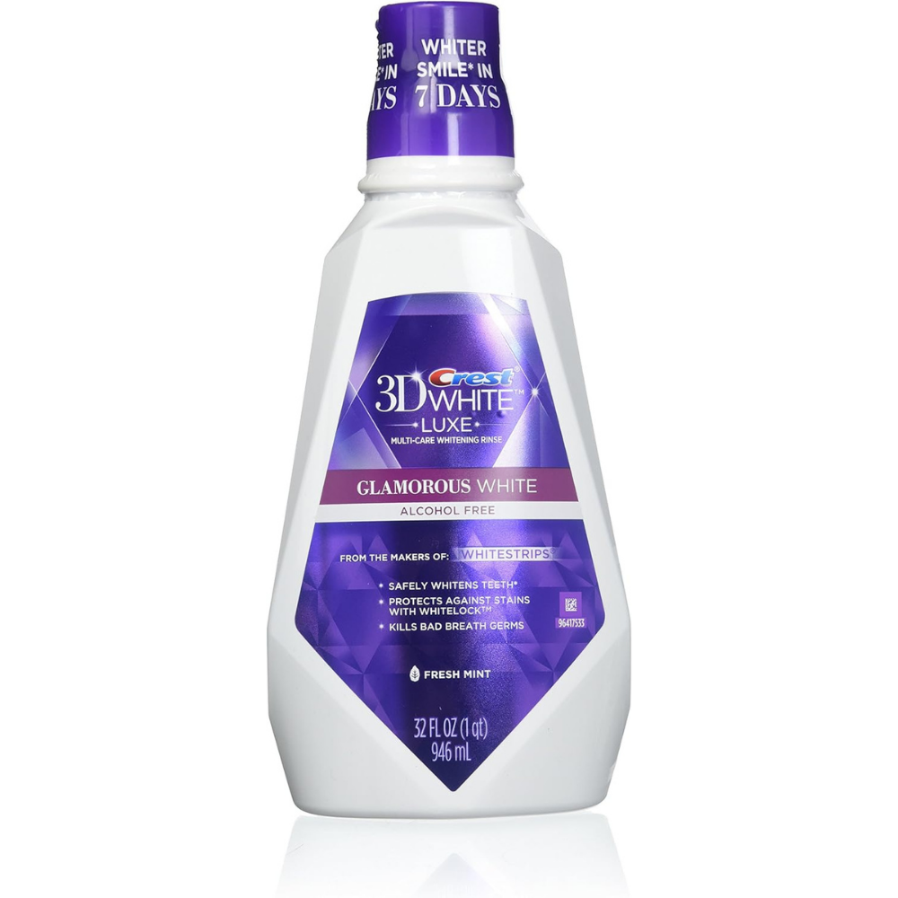 Bottle of 3D White Luxe Glamorous White alcohol-free mouthwash to safely whiten teeth, kill bad breath and protect against stains. 