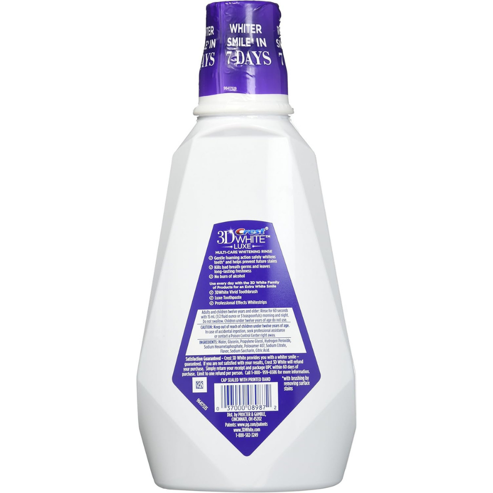 Bottle of crest 3D white mouthwash with for a whiter smile in 7 days. 