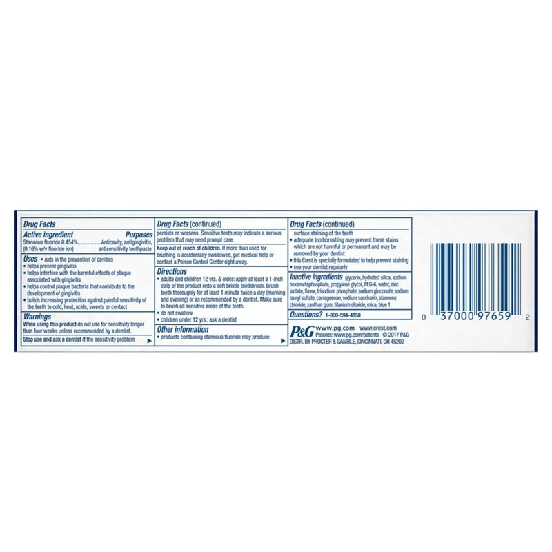 Crest pro-health toothpaste includes stannous fluoride for anitcavity and anti sensitivity. 
