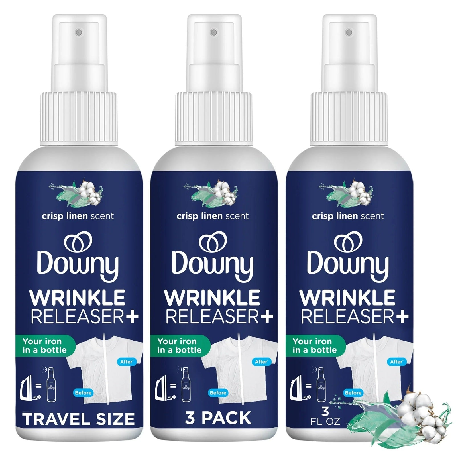 Three bottles of Downy wrinkles releaser spray with clean linen scent