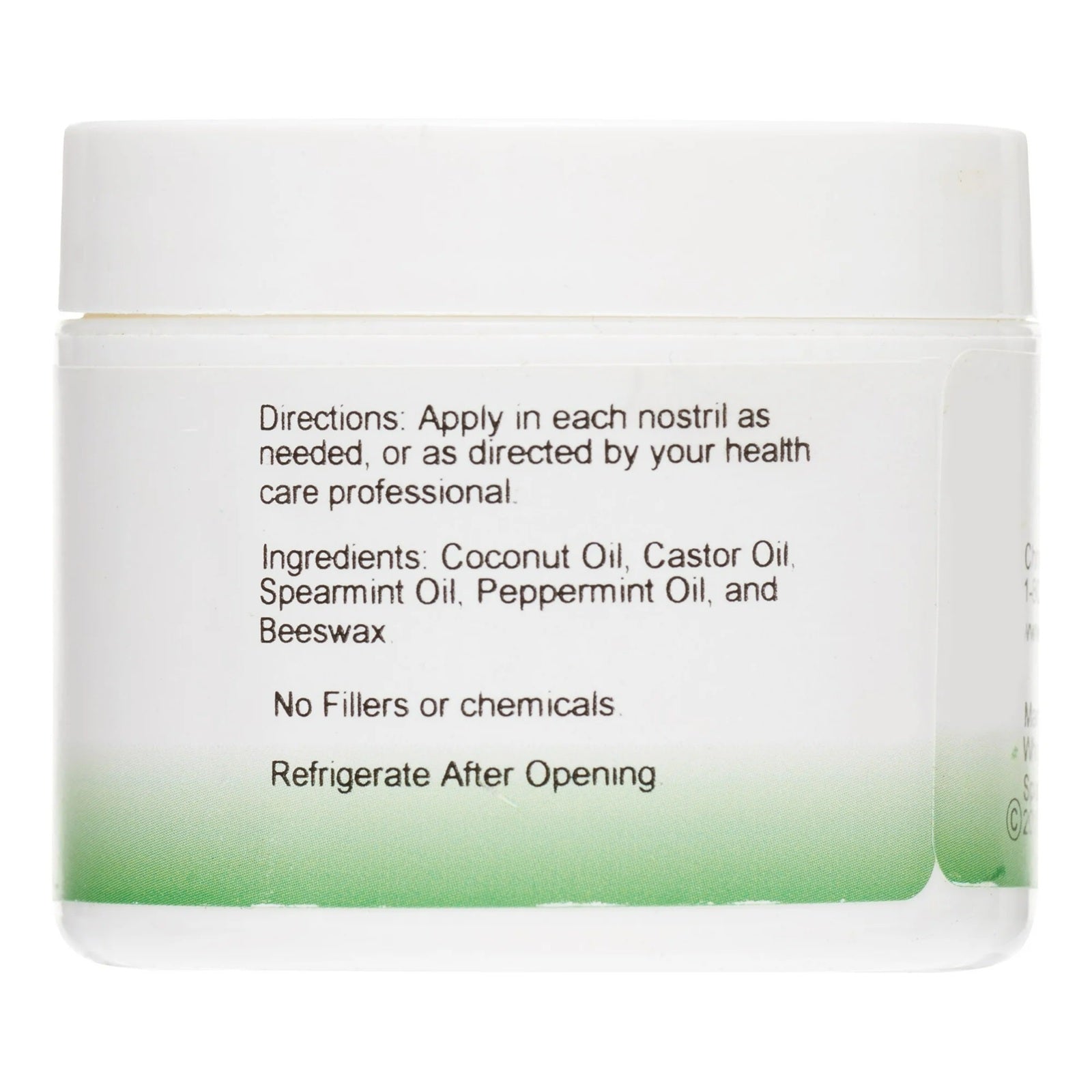 Jar of Dr Christophers Original Formula nose ointment with coconut oil, castor oil, spearmint oil, peppermint oil and beeswax. 