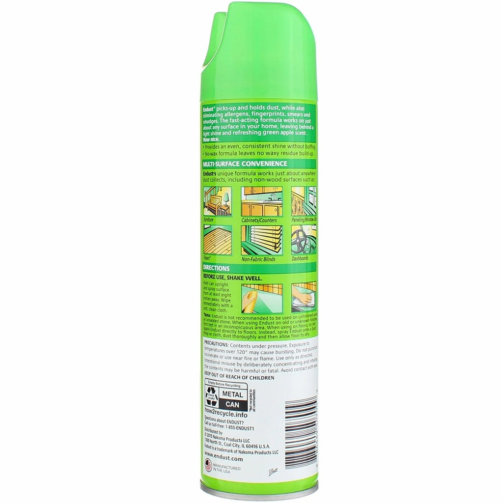 Endust green apple dusting spray picks out and holds dust while eliminating allergens, fingerprints, smears and smudges for streak free, sparkling homes. 