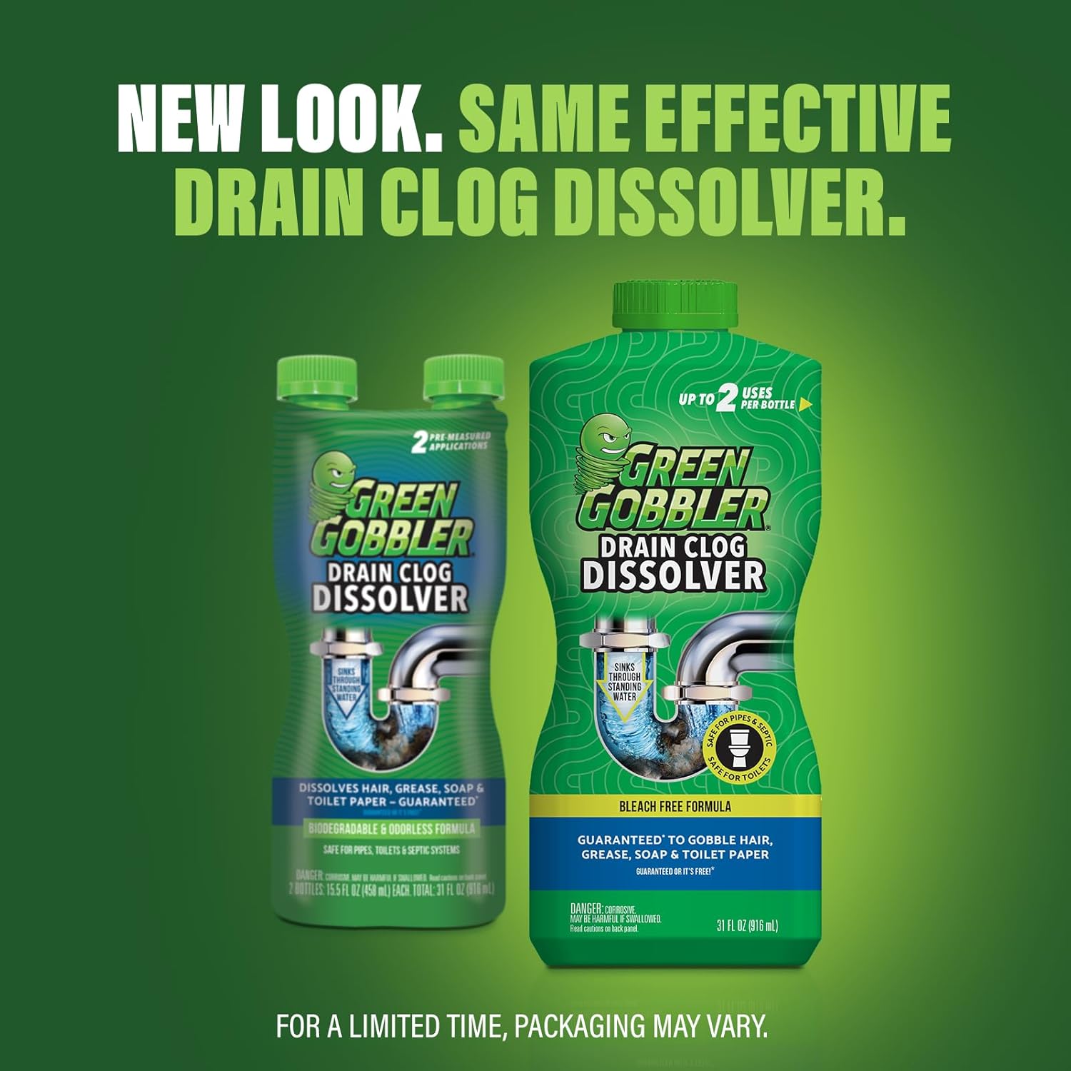 New look for the same Green Gobbler drain clog dissolver 