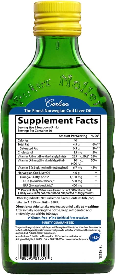 Carlson Labs Norwegian Cod Liver Oil, 1100mg Natural Lemon, 250 ml (Pack of 1)