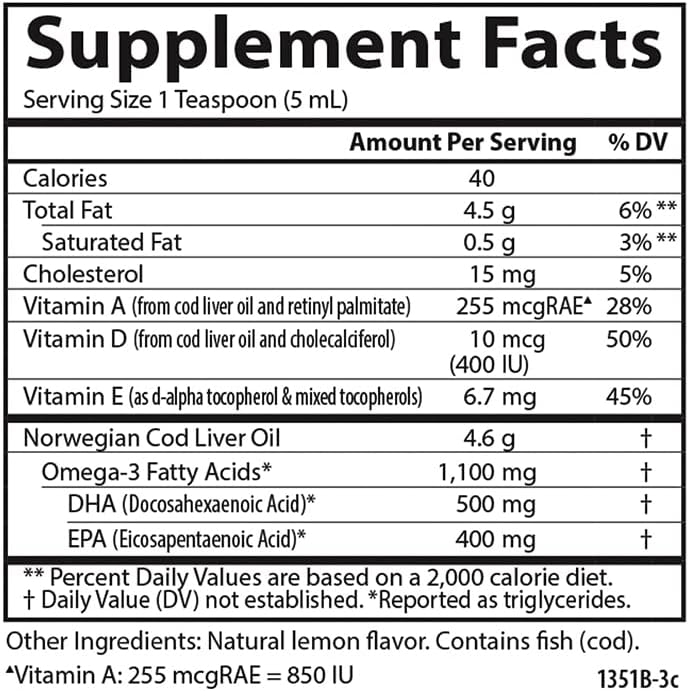 Carlson Labs Norwegian Cod Liver Oil, 1100mg Natural Lemon, 250 ml (Pack of 1)