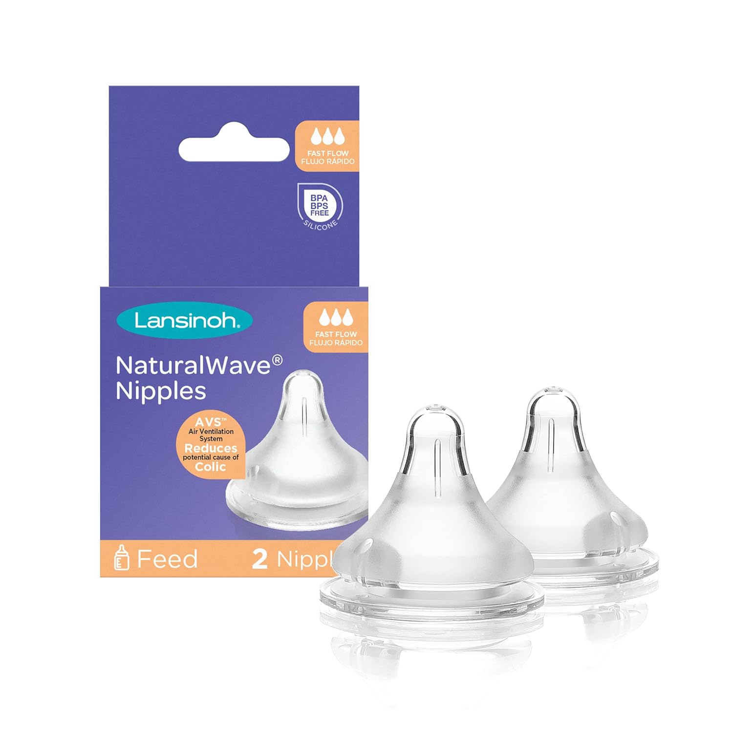 Lansinoh Natural Waves Nipples Fast-Flow, 2 Count, 100% Silicone, Anti-Colic, BPS and BPA Free