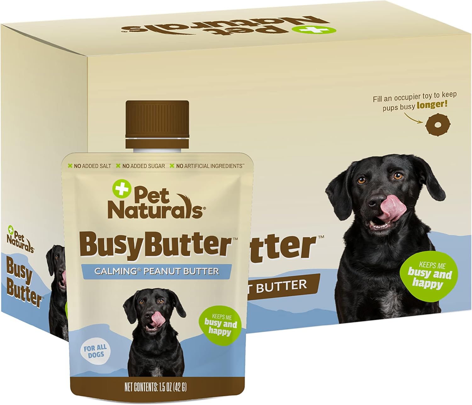 Pet Naturals BusyButter Easy Squeeze Calming Peanut Butter for Dogs, 6 Pouches - Great for Treats, Lick Mats, Training, Calming, and Occupier Toys