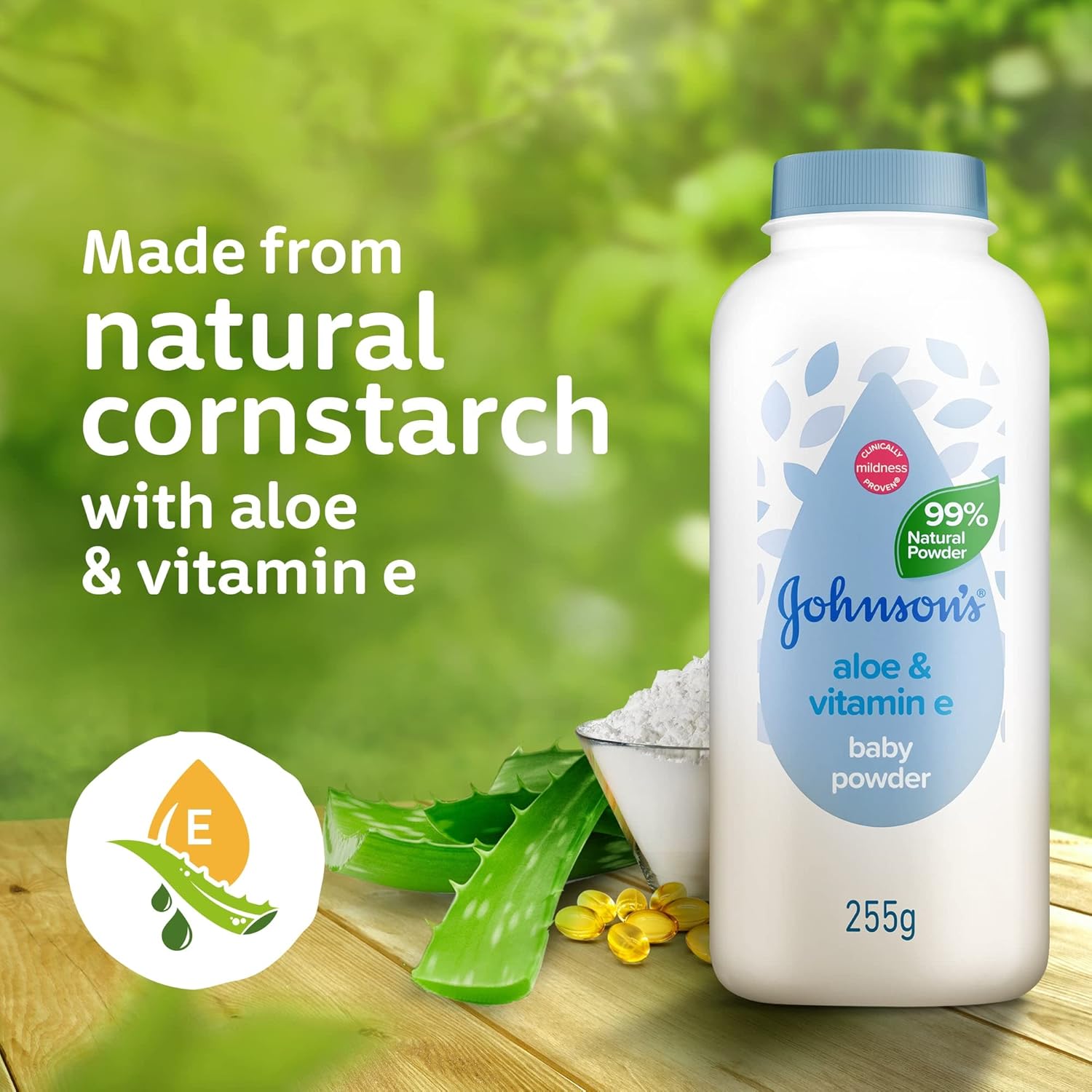 Johnson & Johnson baby powder made from natural cornstarch with alo vera & vitamin e