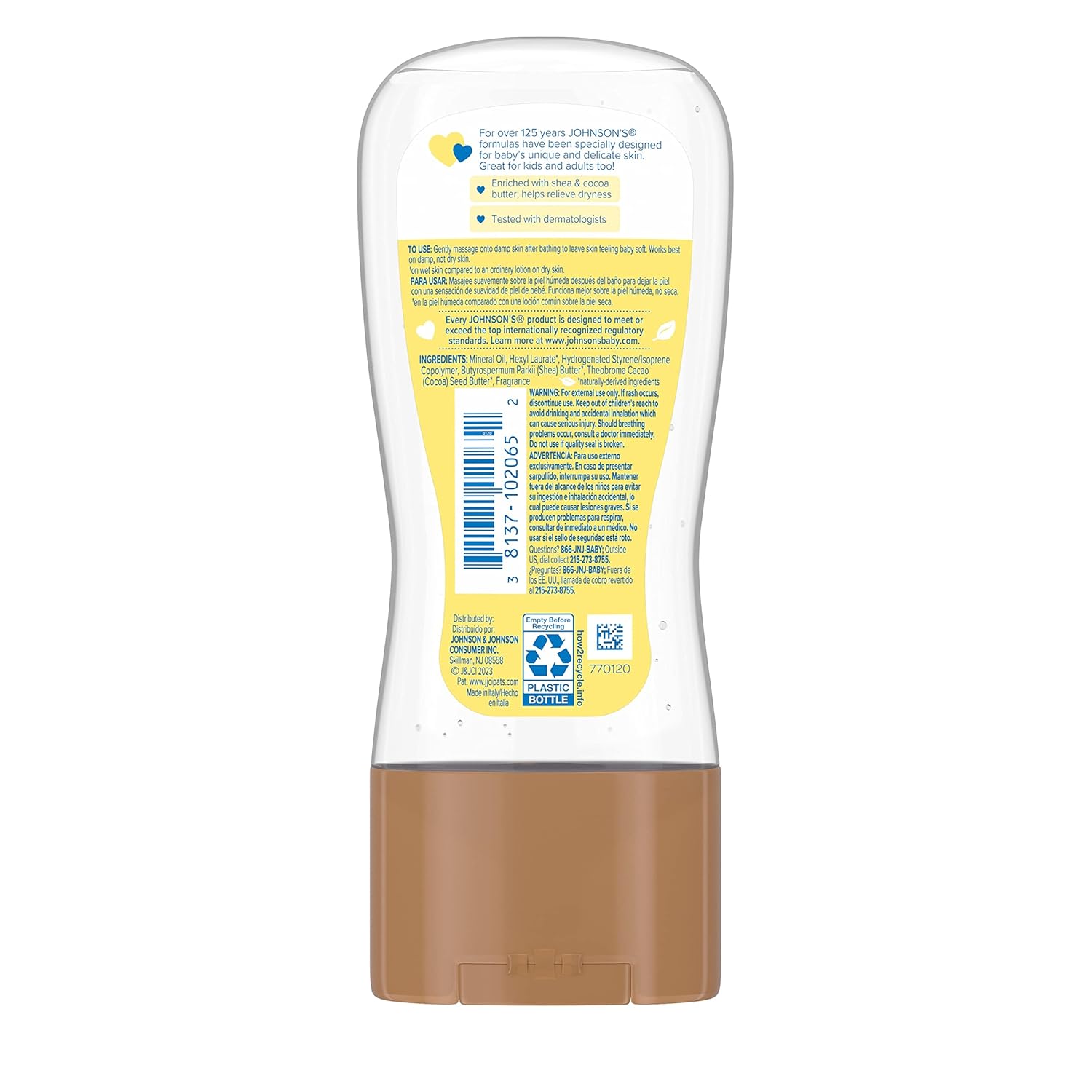 Back of bottle of Johnsons baby oil gel, with directions and ingredients. 
