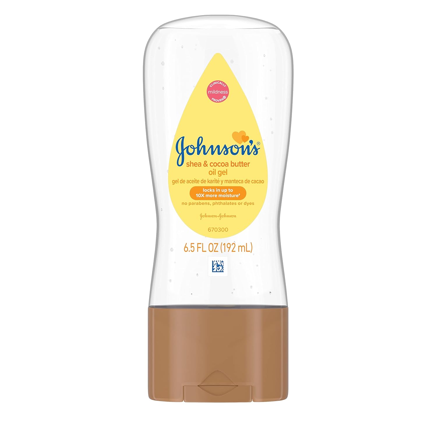 A bottle of Johnsons baby oil gel with shea & cocoa butter to lock in moisture - 6.5oz