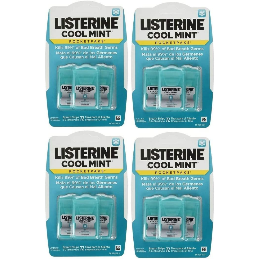 Four packages of Listerine Cool Mint PocketPaks breath strips kills 99.9% of germs - total 288 breath strips. 