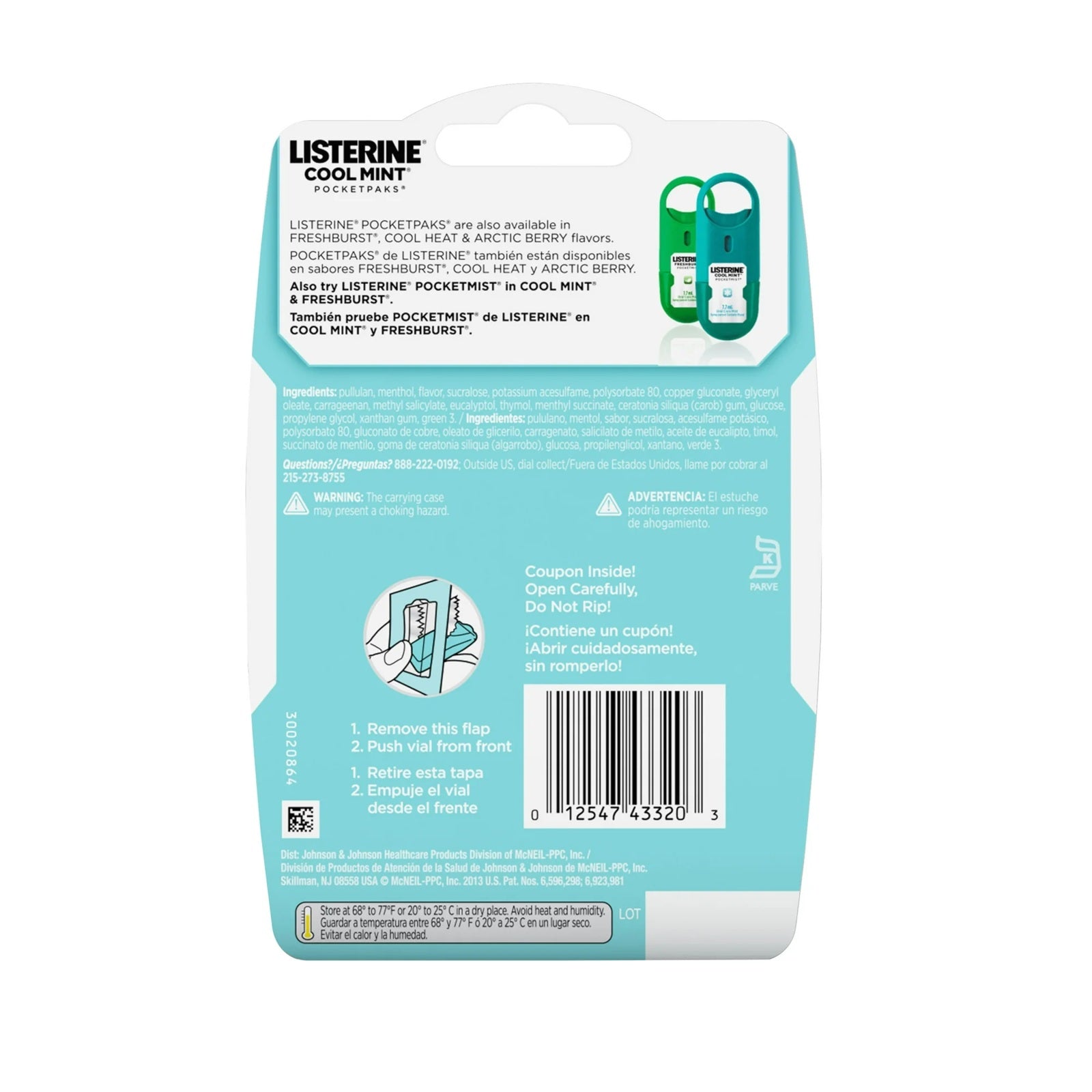 Listerine Cool Mint PocketPaks packaging with directions and ingredients