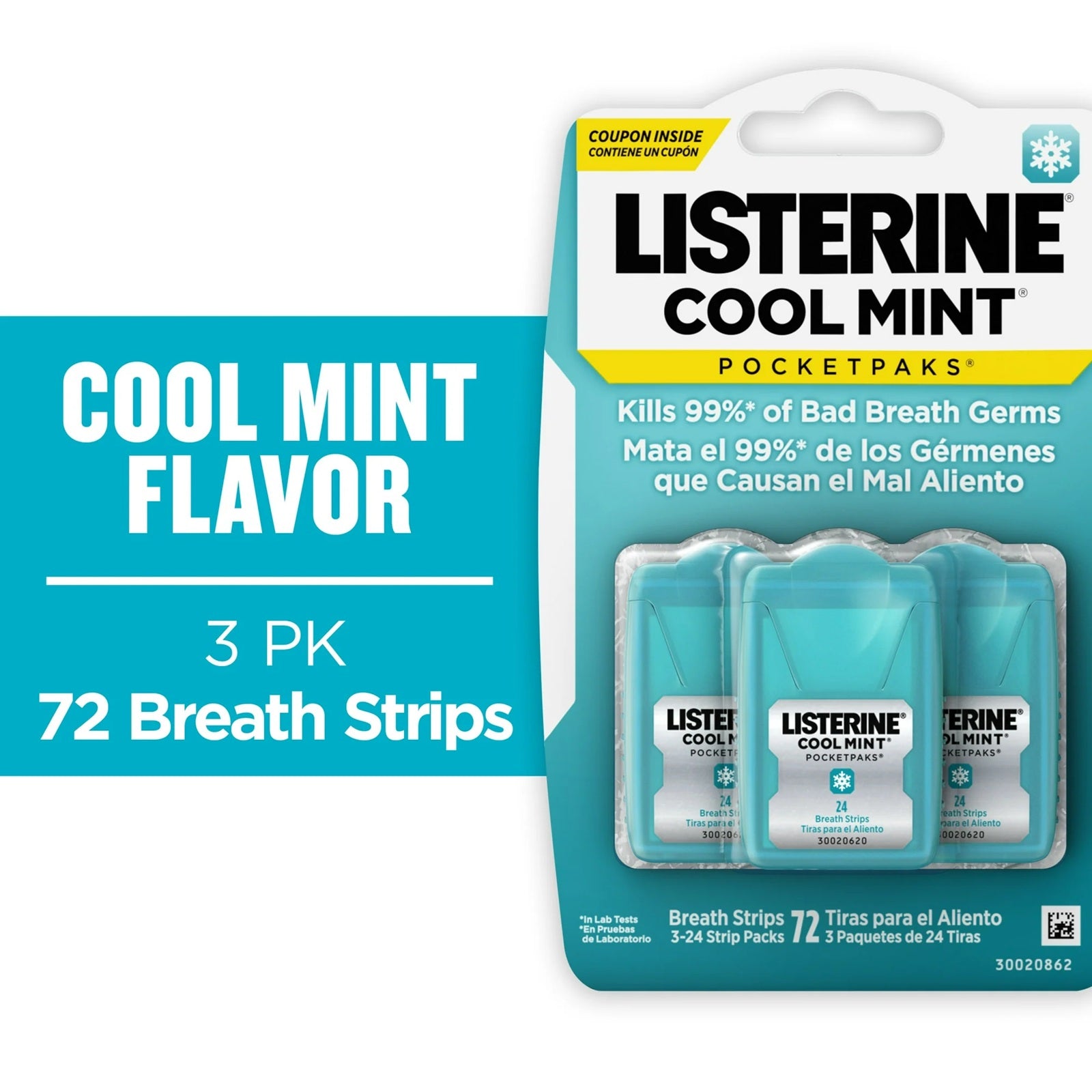 Listerine Cool Mint breath strips, 3 pack with 72 breath strips - kills 99% of bad breath. 