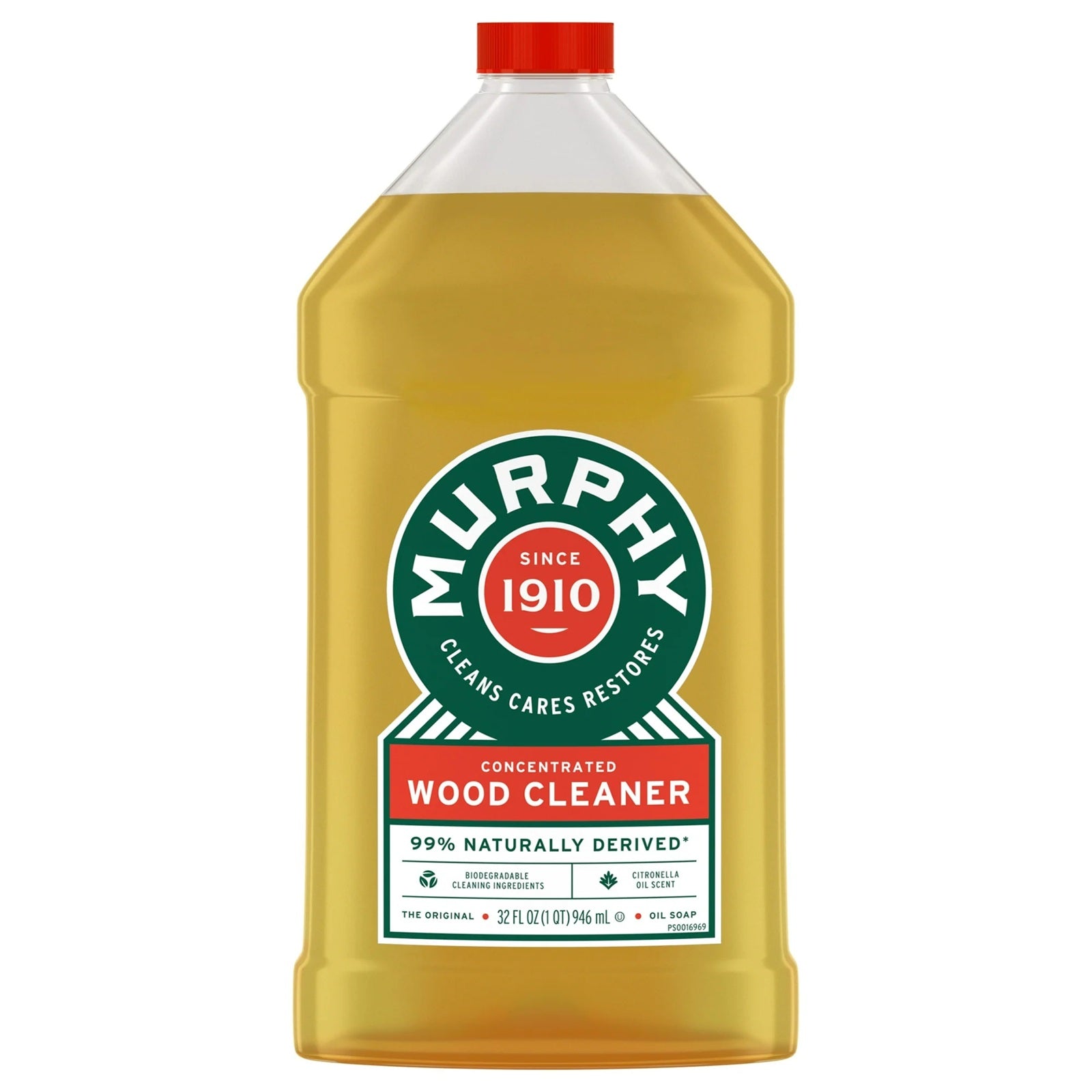 Bottle of Murphy concentrated wood cleaner with a red cap - 99% naturally derived. 
