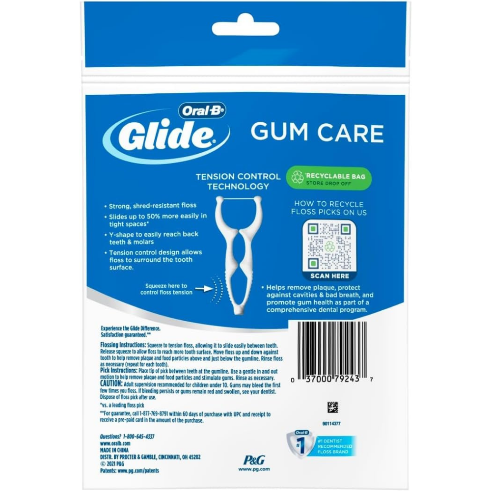 Oral-B Glide gum care package with tension control and strong, shred resistant floss.