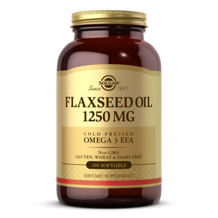 Solgar Flaxseed Oil supplement bottle, non-GMO, gluten-free, wheat-free and dairy-free. 