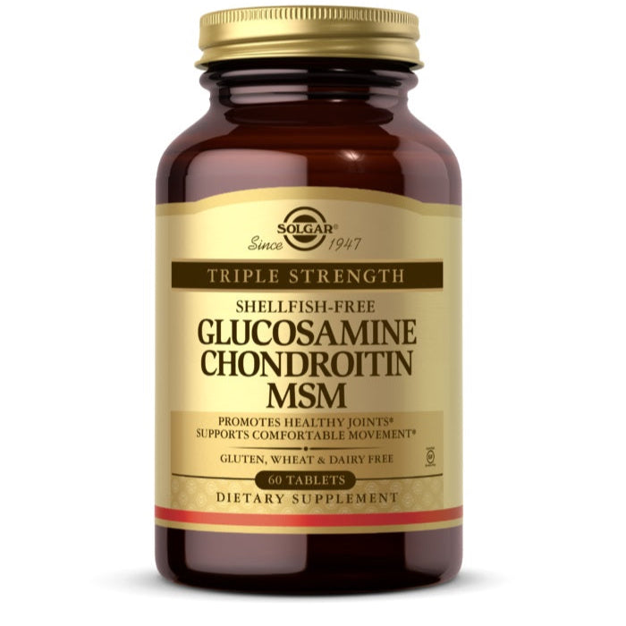 A bottle of Solgar Glucosamine Chondroitin MSM 60 Tablets, a dietary supplement designed for joint health.