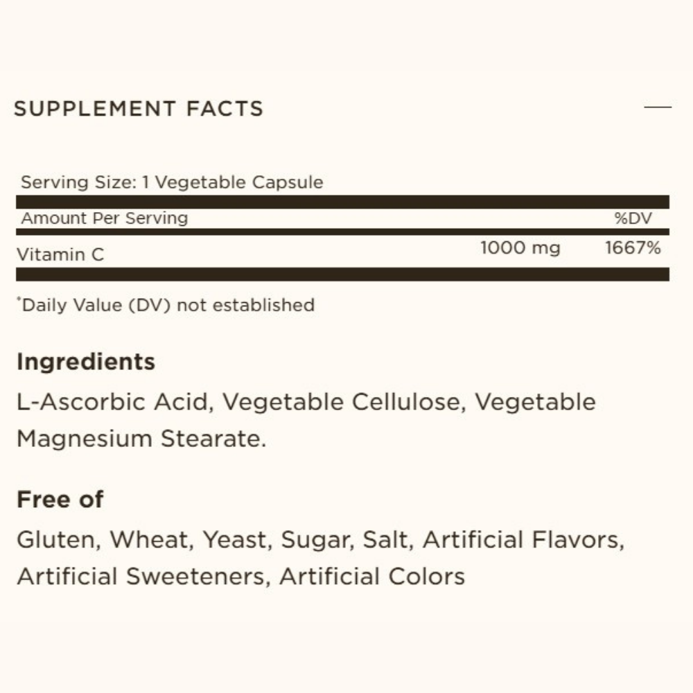 Solgar vitamin C, 100mg label with content and ingredients. 
