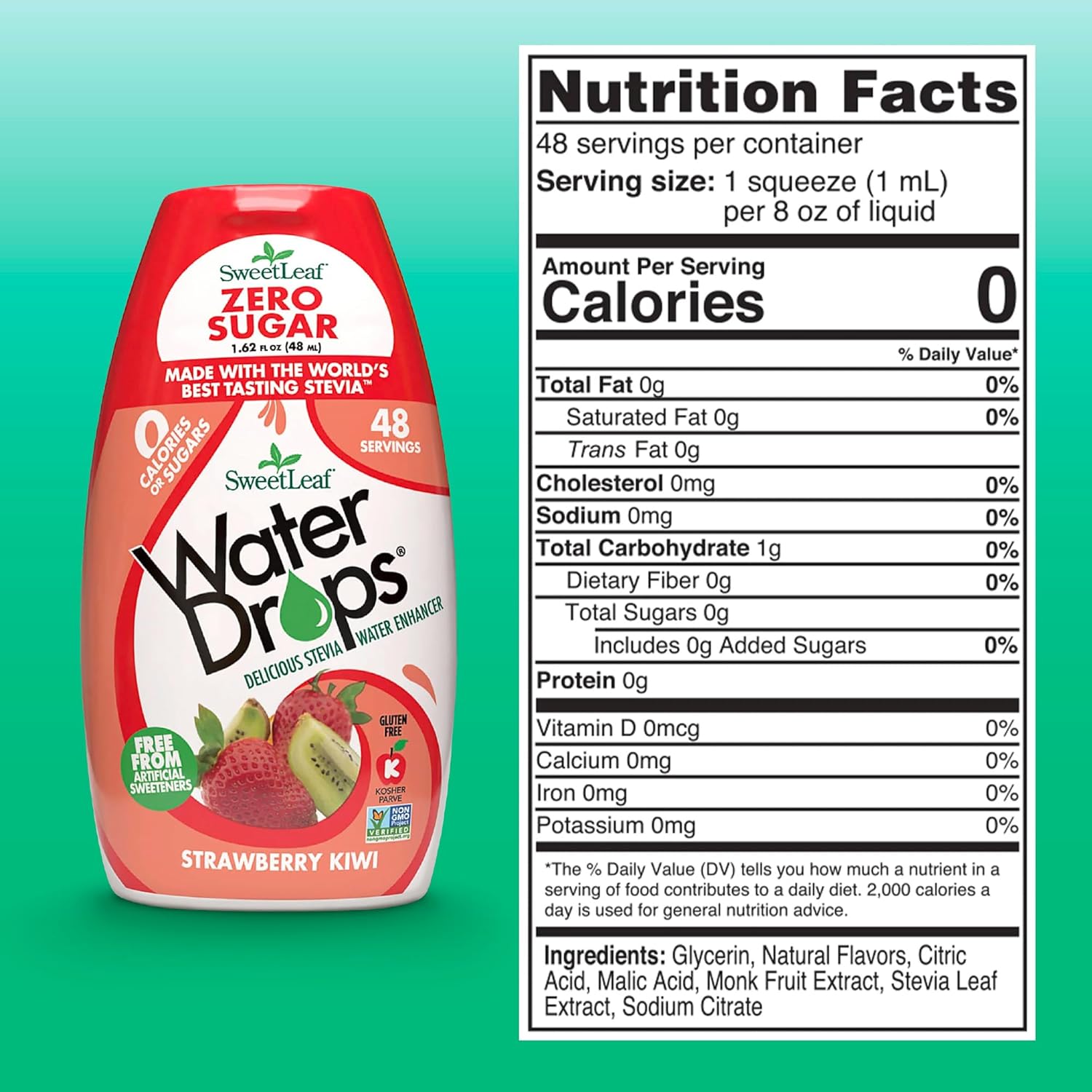 SweetLeaf zero sugar water drops with delicious stevia to enhance water, strawberry kiwi flavour - kosher water enhancer. 