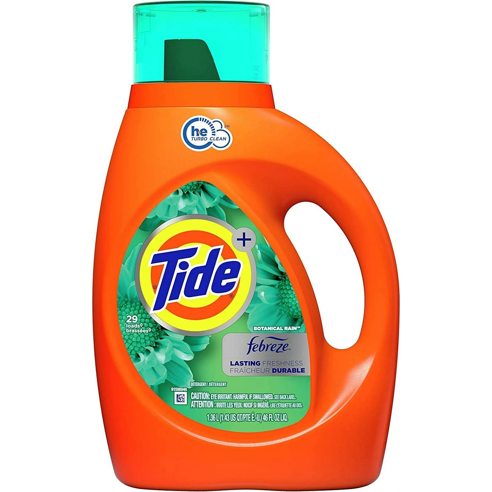 Tide Febrile laundry detergent with lasting freshness for up to 29 loads. 