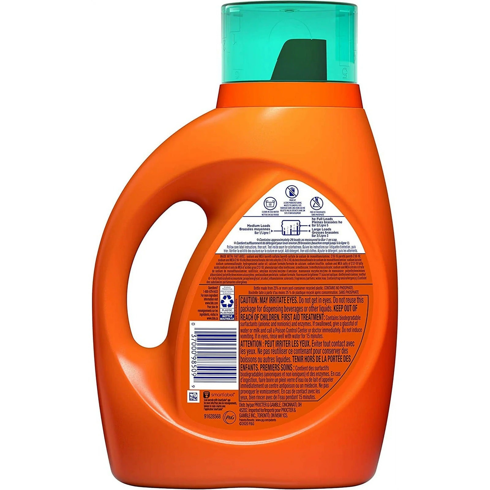Tide liquid laundry detergent with instructions and warning labels. 