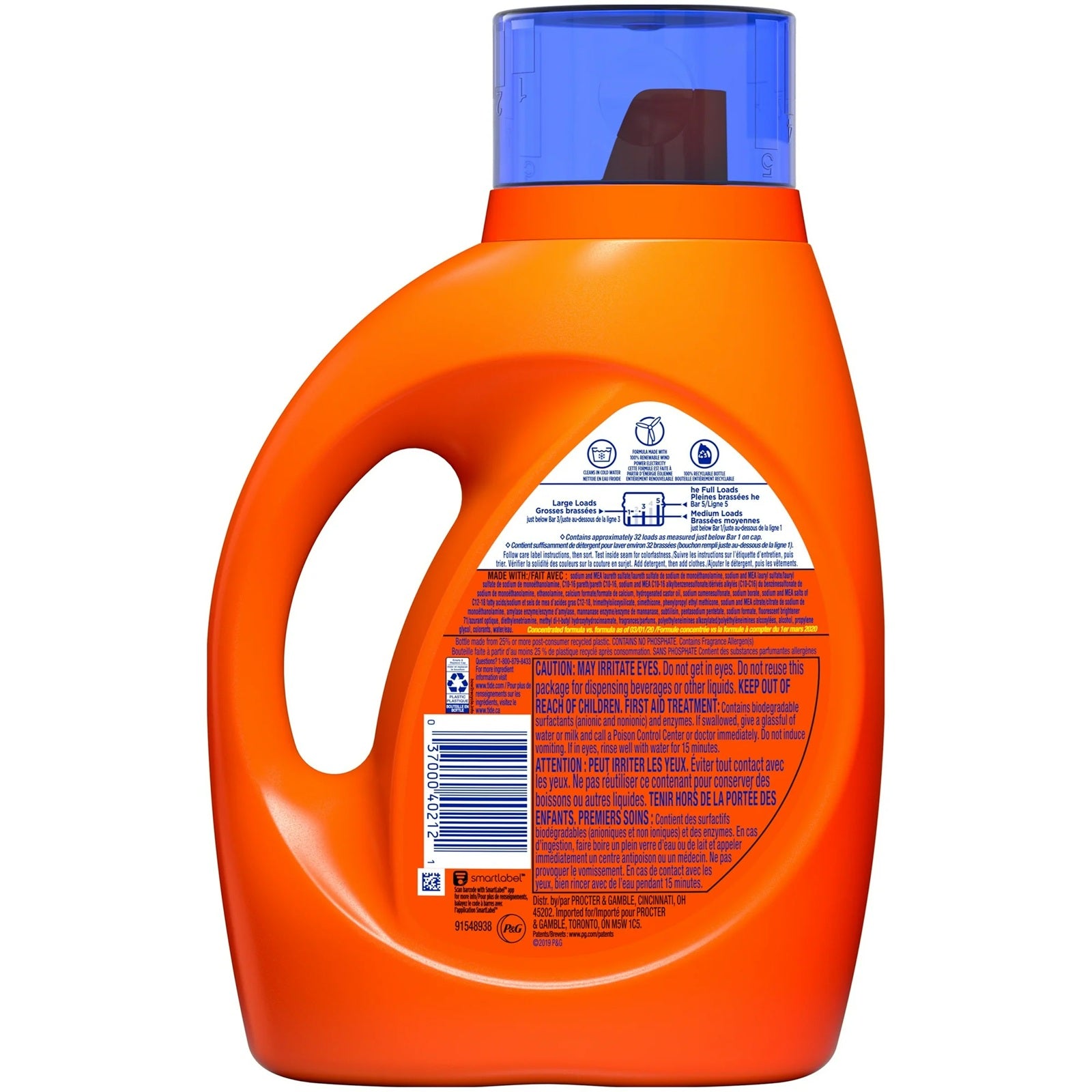Tide liquid laundry detergent (original) with directions on the bottle.