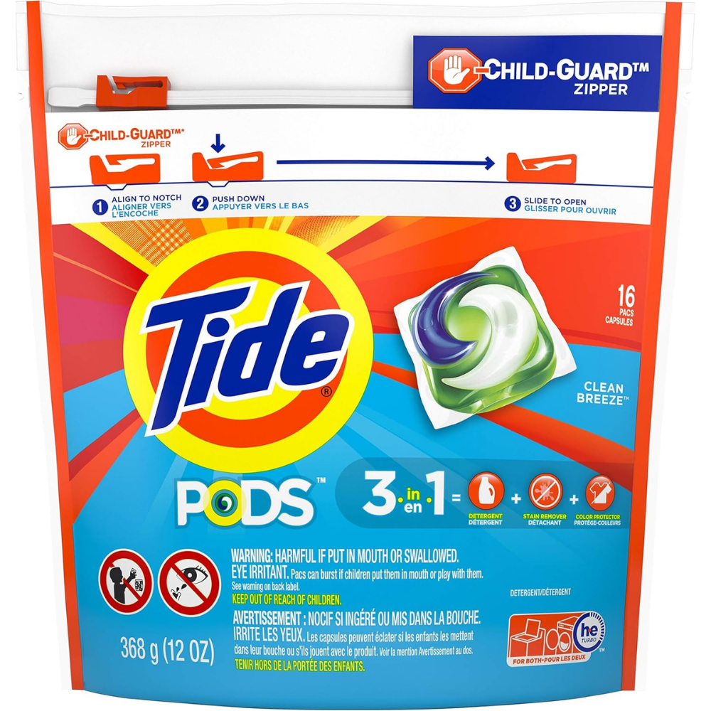 Tide pods laundry detergent with child-guard zipper for 3-in-1 laundry cleaning. 