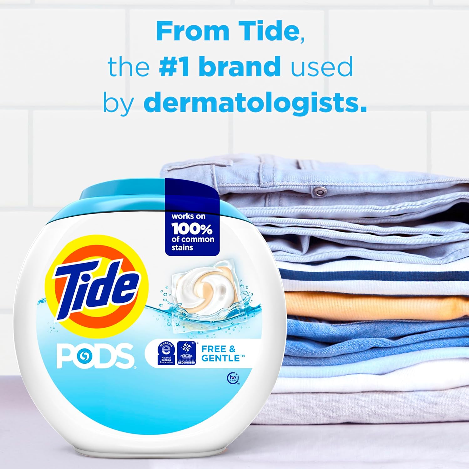 Tide laundry pods work on 100% common stains from tide the number 1 brand used by dermatologists worldwide