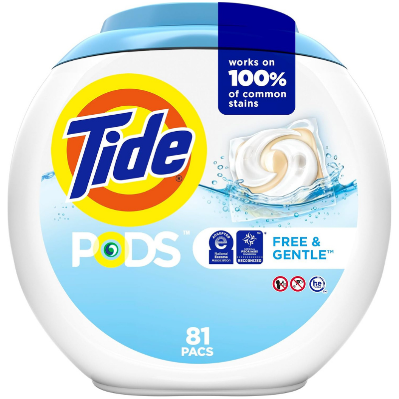 Tide pods free and gentle laundry detergent pacs, works on 100% common stains - 81 Count 