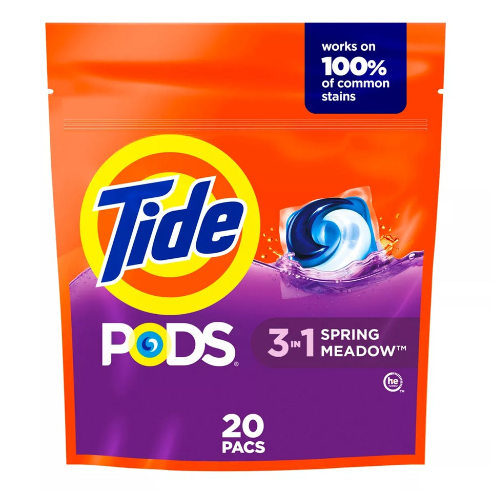Package of Tide pods, 3-in-1 spring meadow scent, laundry detergent that works on 100% of common stains (20 count)