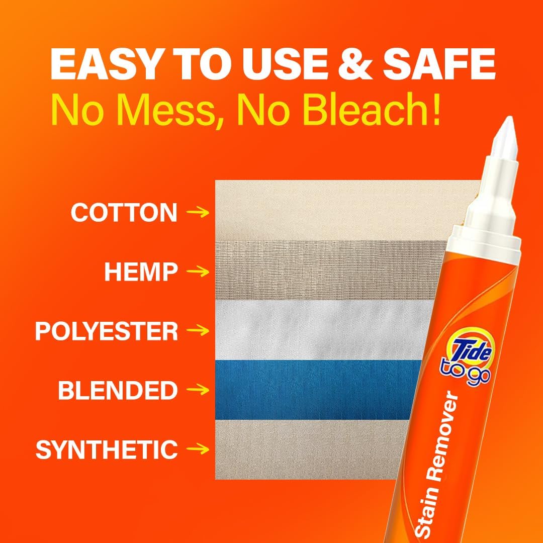 Tide to go stain remover pens are easy to use & safe for no mess, no bleach stain removal. 
