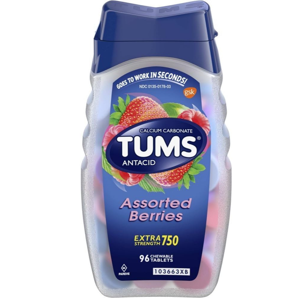 Bottle of calcium carbonate Tums Antacid chewable tablets in assorted berries flavour - (96 count). 