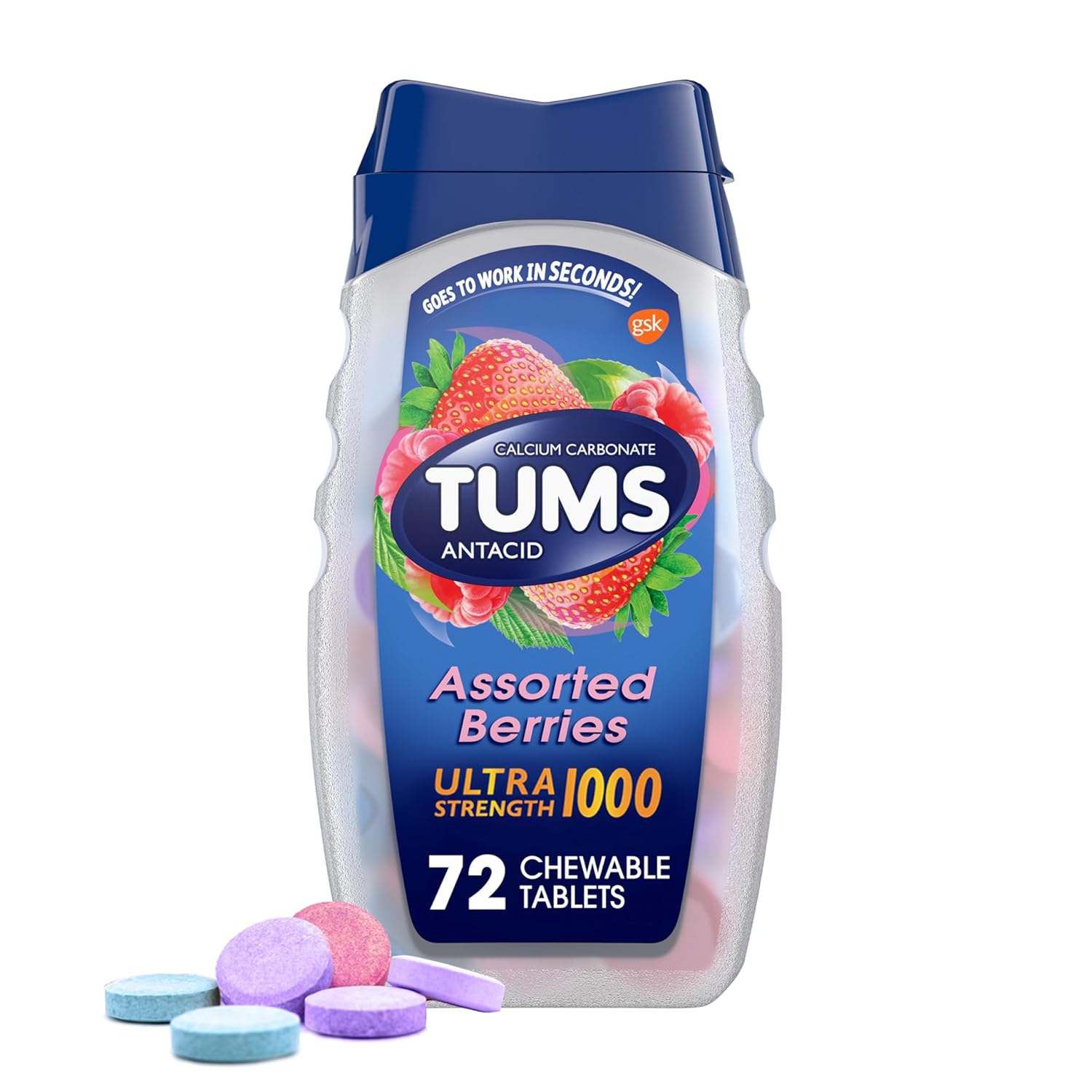 A bottle of Tums Ultra Strength with Assorted Berries flavor, containing 72 chewable tablets. 